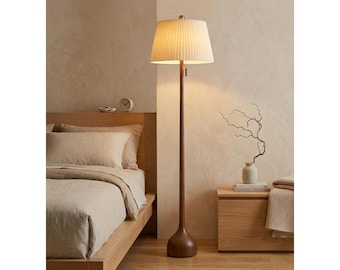Floor Lamp for Living Room, Mid Century Modern Wood Floor Lamp, Tall Standing Lamp with Real Oak Teardrop Base, Dual Shade Vintage Lamp,