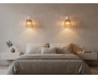 Wall Sconce Set of 2 Battery Operated Wall Sconce with Remote, Rechargeable Rattan Wall Lamp, Boho Farmhouse Wall Light Wireless Wall Lights