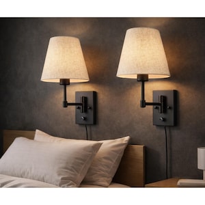 Set of 2 Black Swing Arm Sconces, Plug-In Wall Lamps with Linen Shade