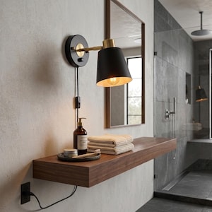 Industrial Brass Black Plug-In Wall Sconce, Dimmable Remote Bedside Lamp