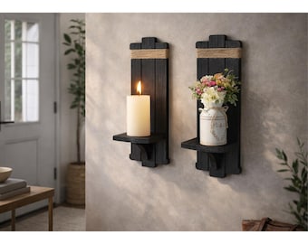 Set of 2 Handmade Wooden Wall Sconces, Scandinavian Farmhouse Decor, Rope Accents