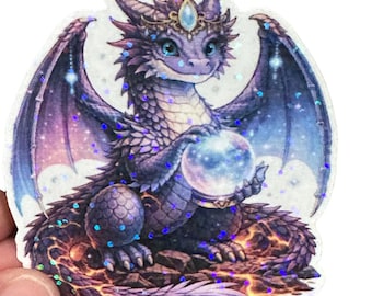 Seer Dragon Sticker, Crystal Ball Fantasy Vinyl Art, Mystical Cottagecore Kawaii (3 Inch)