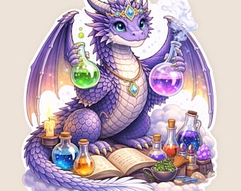 Colorful Potion-Making Purple Witch Dragon Die Cut Sticker