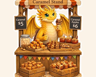 Caramel Dragon Sticker | Cozy Market Stand, Fantasy Art, Cottagecore Vinyl Die Cut