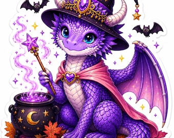 Halloween Dragon Sticker, Cute Witch Dragon Sticker, Purple Dragon Witch, Spooky Cute Halloween Sticker, Fantasy Dragon Sticker