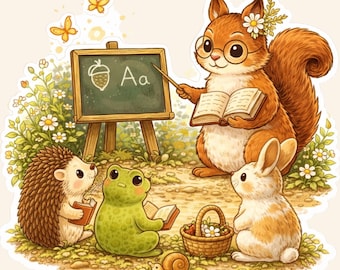 Woodland School Sticker, Cute Forest Animals Sticker, Squirrel Teacher, Frog Bunny Hedgehog, Cottagecore Classroom, Evermere Vinyl Sticker