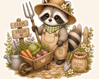 Farm Raccoon Sticker | Cottagecore Gardening Sticker | Cute Farmer Raccoon Decal | Homestead Animal Sticker | Garden Lover Gift