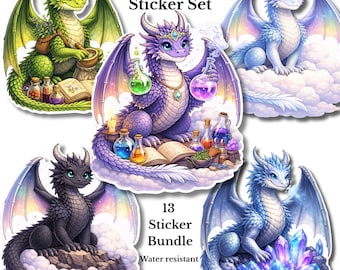 Dragon Sticker Pack, Cottagecore Kawaii Fantasy Bundle, 13 Vinyl Stickers (Waterproof)