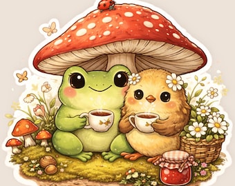 Cottagecore Frog Chick Tea Time Sticker – Cozy Mushroom Vinyl Decal (Waterproof Matte)