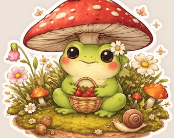 Strawberry Frog Mushroom Sticker, Cottagecore Nature Vinyl Decal