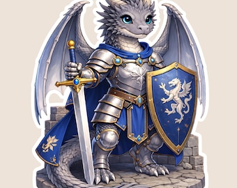 Knight Dragon vinyl Sticker for laptop, Fantasy D&D Decal, Whimsical Brave Dragon