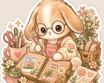 Scrapbooking Bunny Sticker, Bunny Planner Sticker, Cottagecore Rabbit Vinyl Decal, Kawaii Journal Bunny, Cozy Craft Sticker Gif