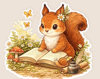 Cute Reading Squirrel Sticker, Cottagecore Animal Sticker, Book Lover Gift, Cozy Forest Sticker, Kawaii Woodland Animal, Planner Sticker