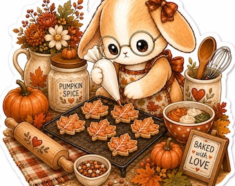 Fall Baking Bunny Sticker, Cute Autumn Bunny Baker, Pumpkin Spice Cookie Sticker, Cozy Fall Sticker, Cottagecore Rabbit Gift