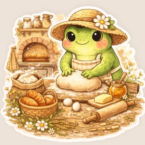 Cute Baking Frog Vinyl Sticker with Cozy Cottagecore Kitchen Design Perfect for Bread Lovers Journals Laptops Water Bottles and Gifts