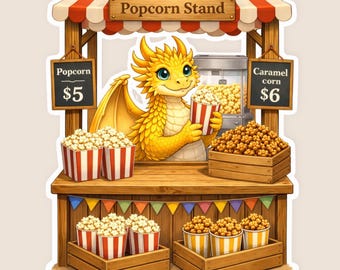 Popcorn Vendor Stand Dragon Sticker, Kawaii Food Dragon, Movie Night Vinyl Decal