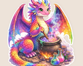 Rainbow Potion Dragon Sticker, Witchy Dragon Decal, Cute Magical Creature, Cottagecore Gift