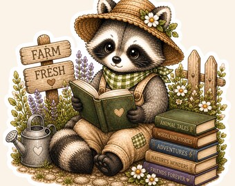 Goblincore Raccoon Reading Book Sticker, Farm Fresh Woodland Vinyl Decal, Journaling Ephemera