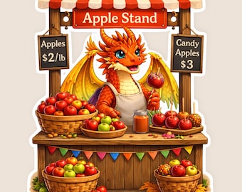 Cute cozy fall fantasy dragon sticker with autumn market apples and candy apples perfect for cottagecore, planners, laptops, and gifts