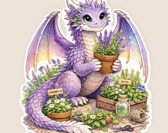 Lavender Herb Garden Dragon Sticker, Cottagecore Botanical Vinyl Decal
