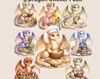 Dragon Sticker Pack, Cottagecore Dragon Bundle, 8 Cute Kawaii Fantasy Dragon Stickers Set
