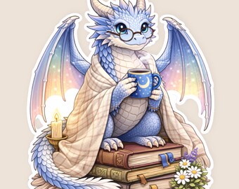 Blue Reading Dragon Sticker, Fantasy Book Lover, Vinyl Decal, Cottagecore Art,Hickory of Evermere, Waterproof decal