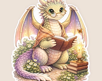 Cute cottagecore dragon vinyl sticker, cozy fantasy grandma dragon reading sticker for Kindle or laptop, whimsical book lover gift