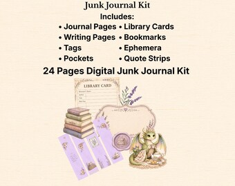 Lavender Tea Books Junk Journal Kit | Ephemera, Library Cards, Bookmarks (Digital Download)