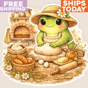 Baking Frog Vinyl Sticker, Cottagecore Kitchen Art, Cozy Bread Lover Gift