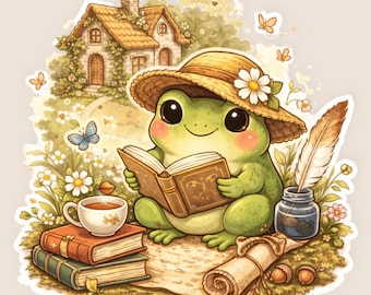 Cozy Frog Reading Sticker – Cottagecore Book Lover Vinyl Decal