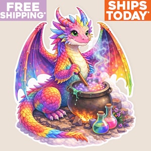 Rainbow Potion Dragon Sticker, Witchy Dragon Decal, Cute Magical Creature, Cottagecore Gift