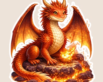 Fire Dragon Sticker, Fantasy Cottagecore Vinyl Decal, Waterproof Laptop Art