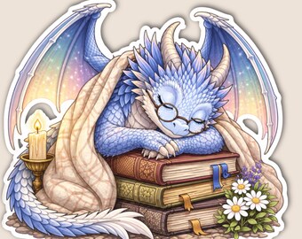 Cute Sleeping Dragon Sticker, Cozy Bookish Sticker for Kindle, Laptop Sticker, Fantasy Book Lover Gift, Whimsical Die Cut Sticker