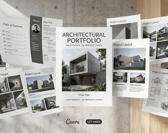 Modelo de portfólio de arquitetura, layout minimalista, design para estudantes no Canva (download digital)