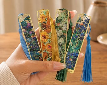 Marcapáginas metálico inspirado en Van Gogh con borla, regalo para lectores amantes del arte floral