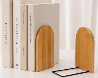 Sujetalibros de bambú, soporte minimalista para libros, sujetalibros de madera natural, decoración moderna para estantes, organizador neutro para el hogar y la oficina.
