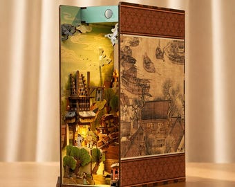 Diorama de rincón de lectura de una antigua ciudad china, inserción de estantería de pueblo en miniatura, decoración asiática, regalo artístico