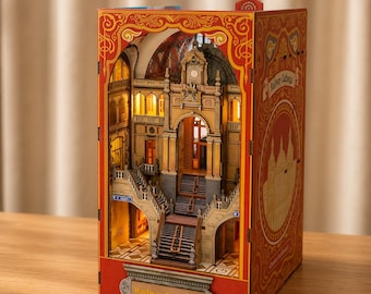 Diorama de biblioteca en miniatura DIY con forma de catedral y estación de tren. Decoración de arquitectura vintage. Regalo ideal.