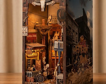 Diorama de rincón de lectura de Western Town, miniatura de escena del Viejo Oeste, inserto para estante, decoración, regalo vintage