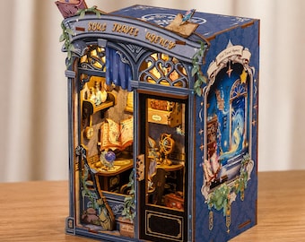 Diorama de rincón de lectura de fantasía mágica, escena de biblioteca en miniatura, portal del mago, decoración, regalo, estantería artística
