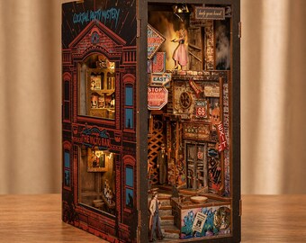 Diorama de rincón de lectura de detectives, callejón del misterio, biblioteca en miniatura, inserto de decoración noir, regalo, estante de arte