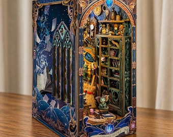 Diorama de rincón de lectura de fantasía, miniatura de tienda de magia, estantería decorativa, regalo para lectores, coleccionable.