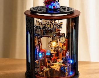 Diorama de rincón de lectura de casa mágica, biblioteca de fantasía en miniatura, decoración LED, estantería de mago, regalo