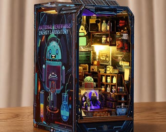 Diorama de rincón de lectura de laboratorio de ciencias, biblioteca en miniatura futurista con LED, decoración, regalo para el hogar.