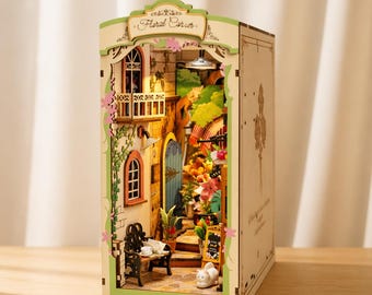 Diorama de rincón de lectura floral, kit de tienda de flores en miniatura, decoración de estante LED, escena acogedora de jardín.