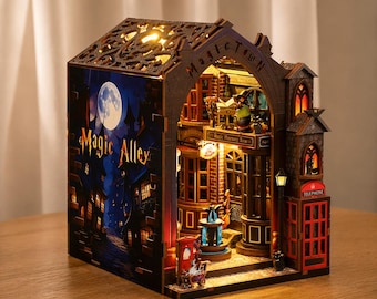 Diorama de rincón de lectura de callejón mágico, biblioteca en miniatura, escena de calle fantástica, decoración LED, estantería de regalo