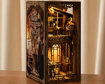 Diorama de rincón de lectura de cafetería, escena de café en miniatura, luz cálida, decoración, regalo, inserto para estante