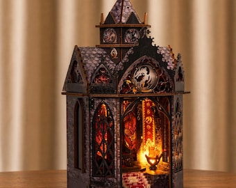 Diorama de rincón de lectura con dragón gótico, estantería de fantasía, inserto de biblioteca en miniatura, decoración, regalo, luz LED