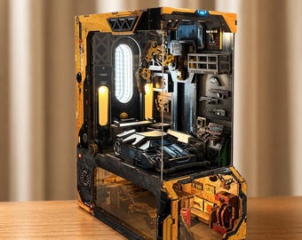 Diorama de rincón de lectura en garaje, taller futurista, estantería en miniatura, decoración, regalo, estilo cyberpunk.
