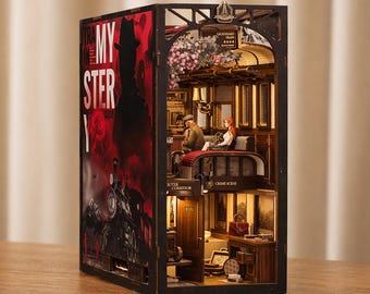 Diorama de rincón de lectura de misterio en tren, escena de detectives, inserto de biblioteca en miniatura, decoración ferroviaria vintage, regalo